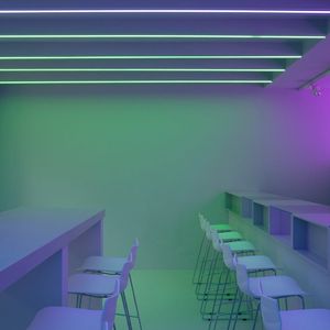 Empty minimalist training space with soft neon lighting